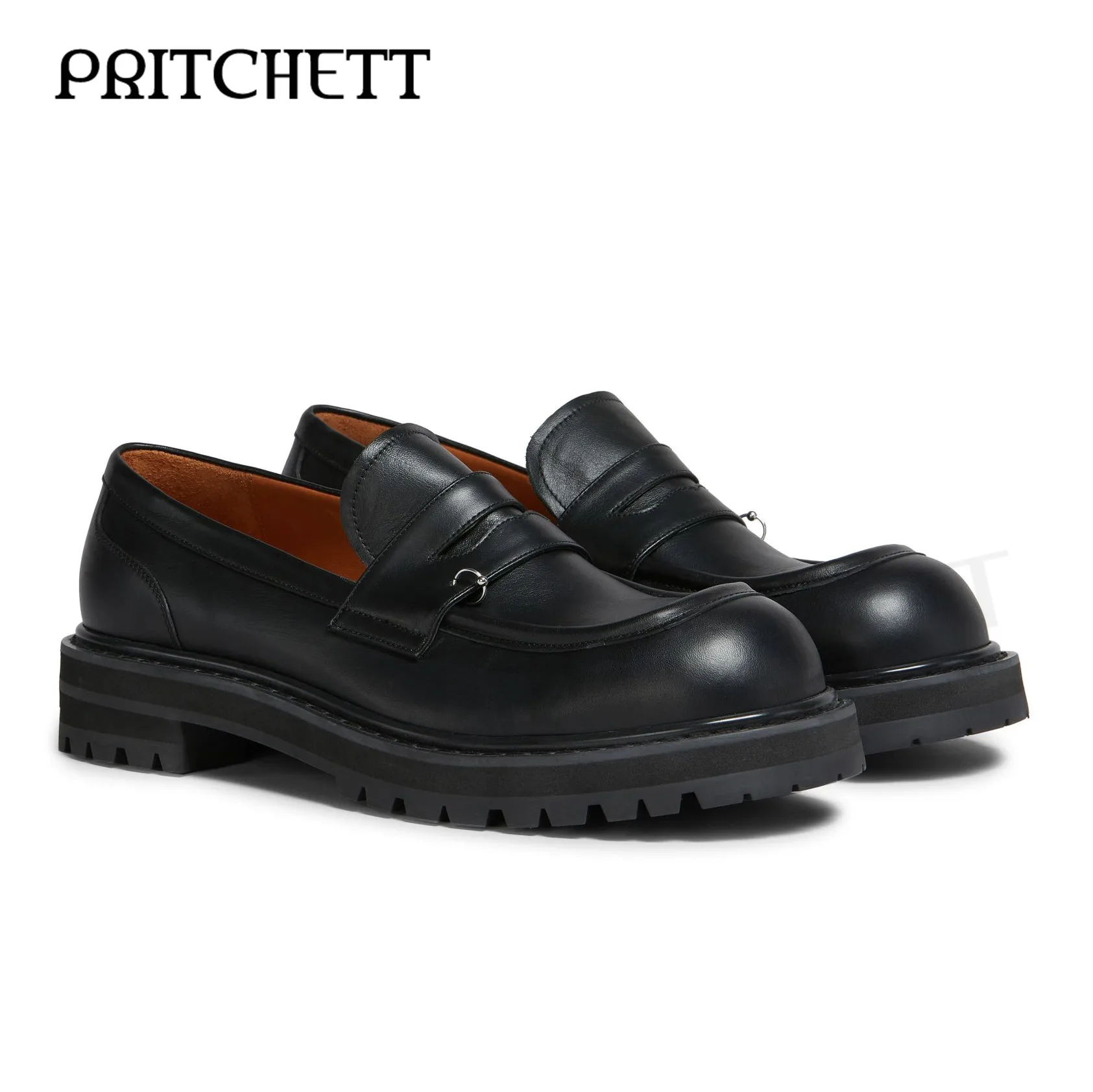Ring Perforated Black Loafers Large Toe Round Toe Thick Sole Slip-On Casual Leather Shoes Fashionable Large Size Men's Shoes