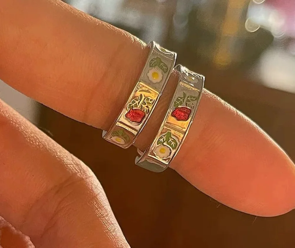 Vintage hand-painted flowers lovely drop glaze open alloy simple rings for women fashion jewelry