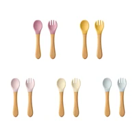 2PCS Baby Learning Spoons Utensils Set Food Grade Wooden Handle Silicone Spoon Fork Cutlery Training Spoon Feeding Tableware 1