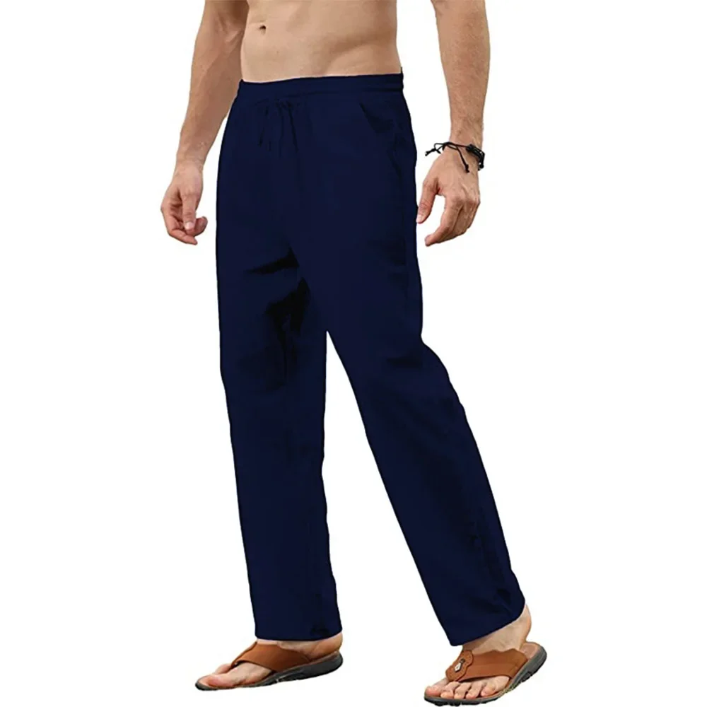 Men's Cotton Linen Pants Basic Versatile Fashion Loose Pants Male Breathable Solid Casual Drawstring Jogger Yoga Baggy Trousers 3