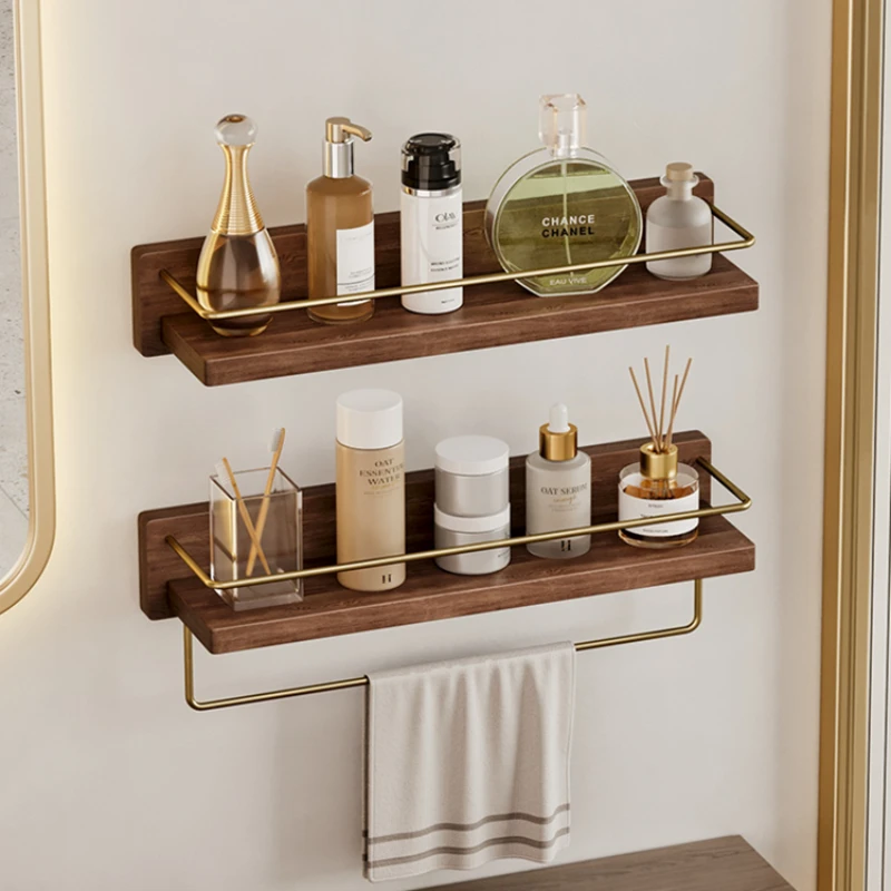 

Solid Wood Shelves Household Items Punch-free Towel Rail Bathroom Shelve Cosmetics Wall-mounted Storage Shelves Shower Organizer