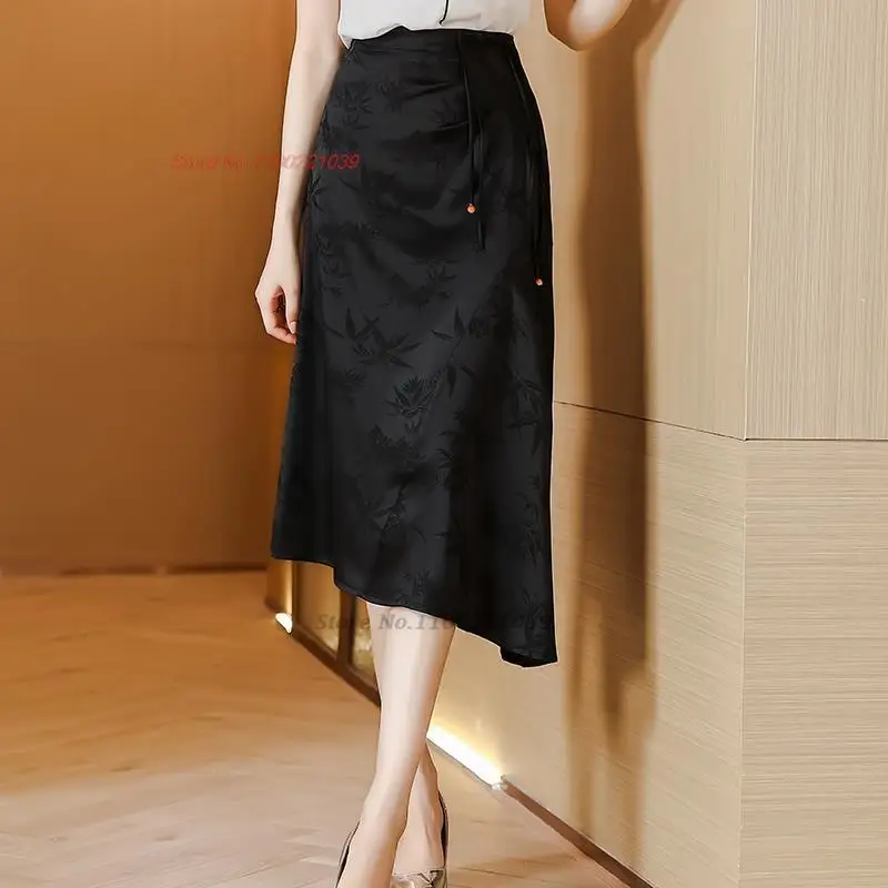 

2023 national style harajuku vintage a-line skirt traditional midi waist irregular satin jacquard skirt oriental folk long skirt