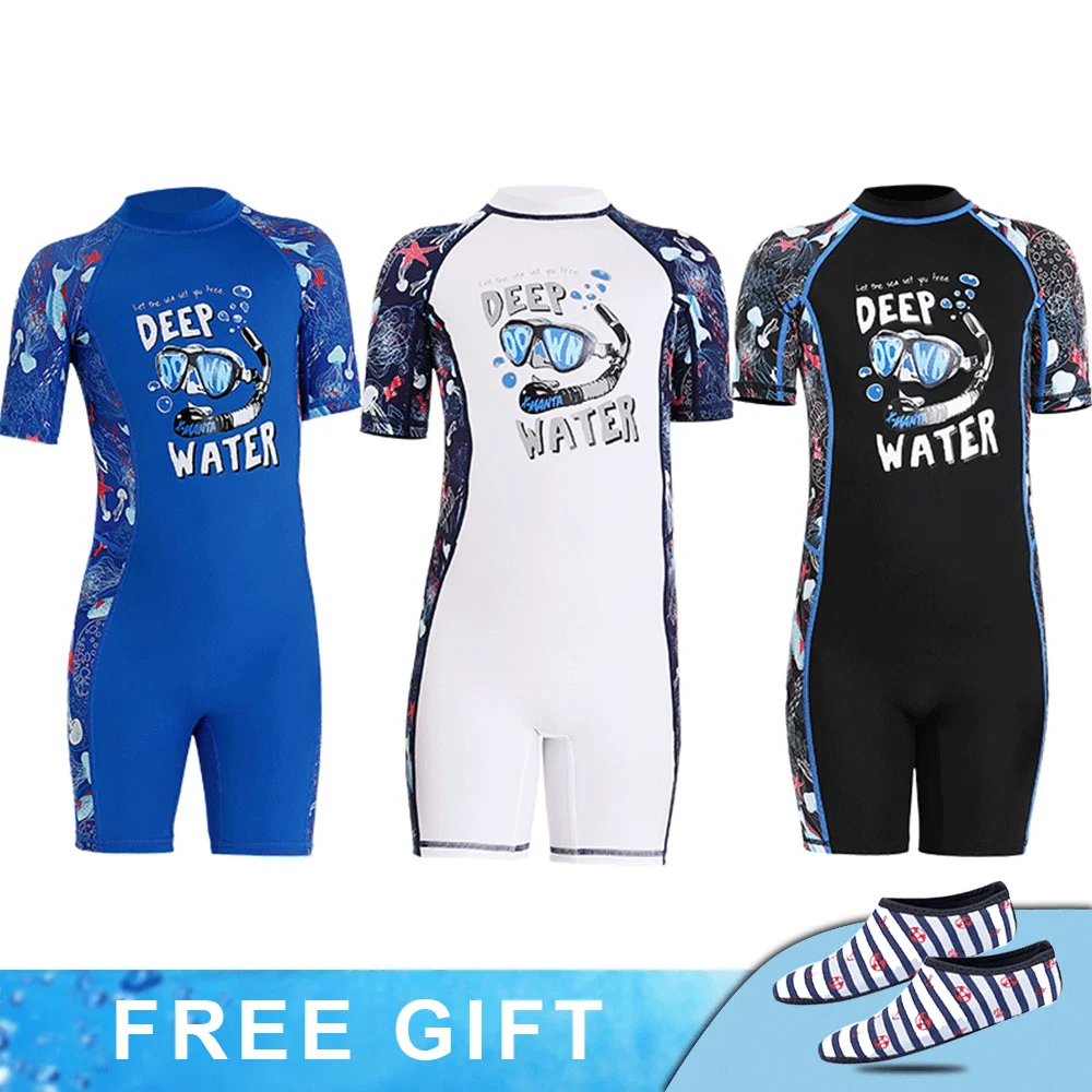 

2023 Children Swimwear Summer Short Sleeve One Piece Swimsuits Girls Boys Sunscreen Quick Drying Thin Wetsuits Diving Surf Suit