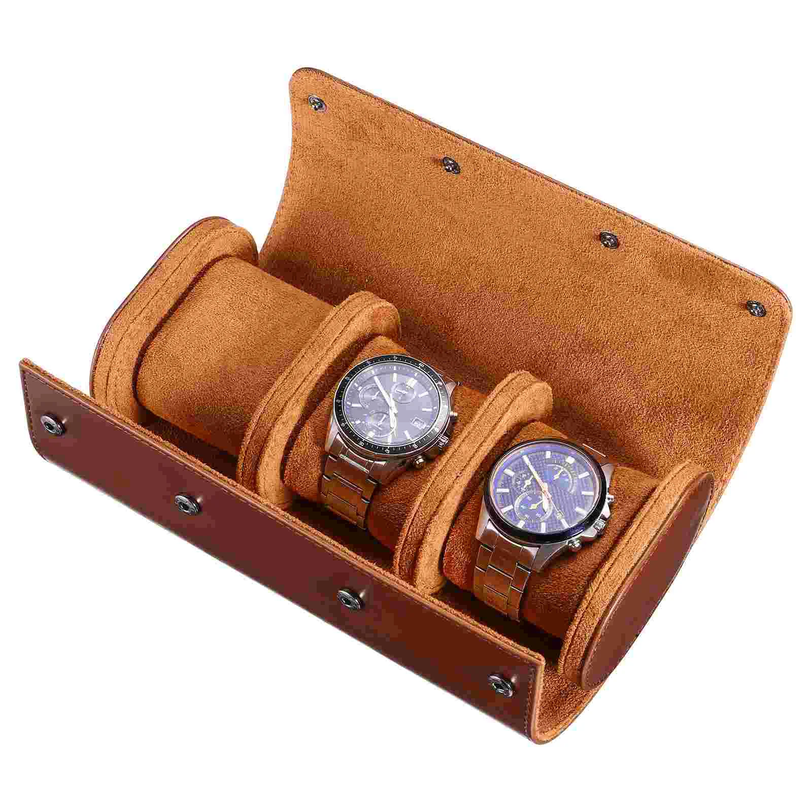 

Hemobllo Slots Travel Watch Case Roll Organizer Portable Watch Box (Brown) Elastic PU Watch Storage Box