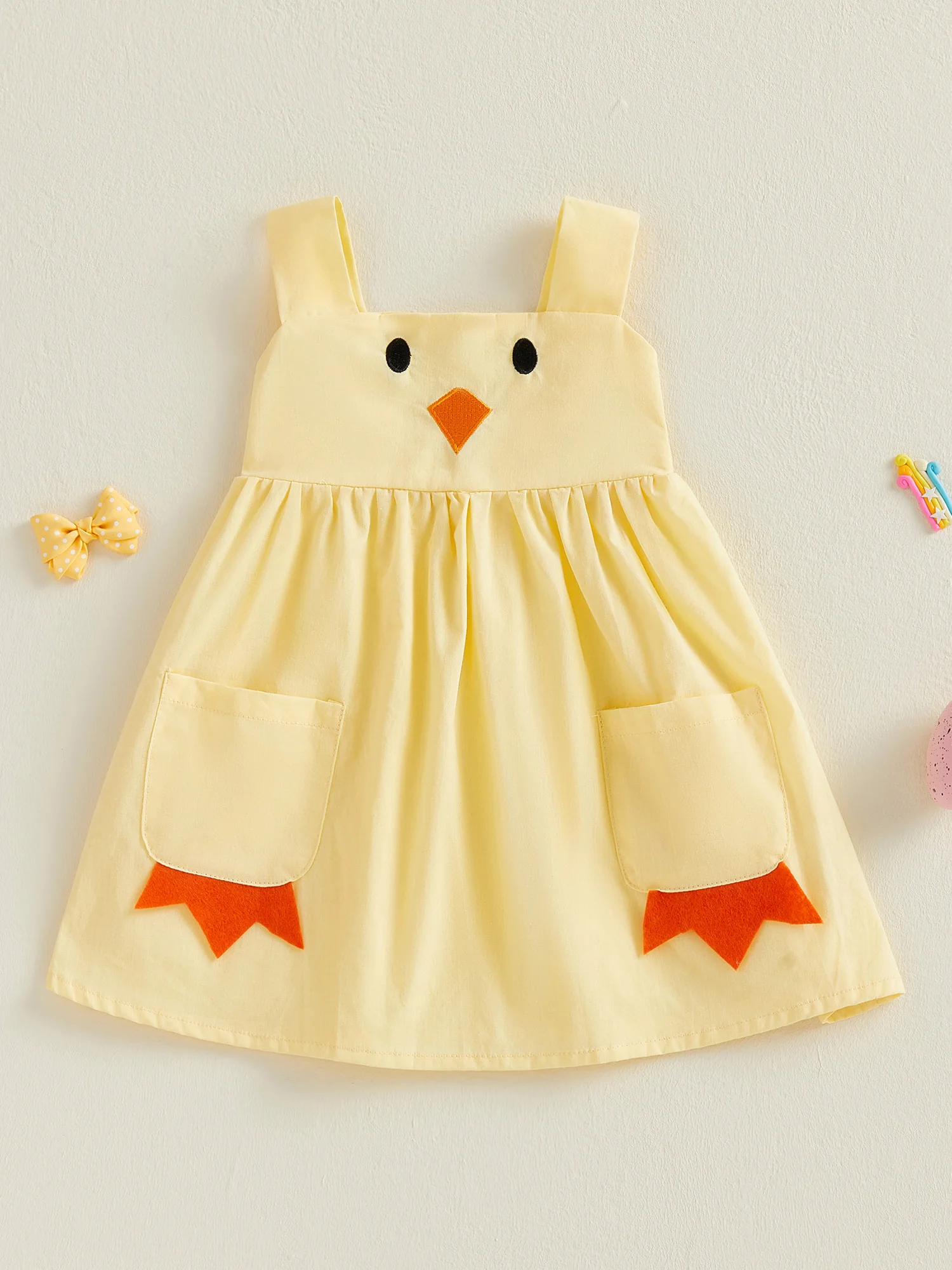 Adorable Toddler Girl Summer Dress with Sleeveless Design and Square Neckline featuring A-Line Silhouette and Playful Chick
