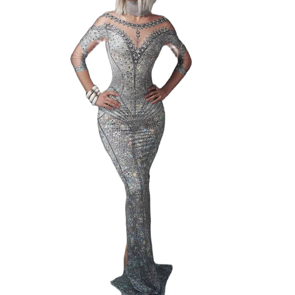 

Shining Sparkly Crystal Rhinestones Silver Sexy Female Dress Evening Party Birthday Clothing Stage Singer Costume Club Wear