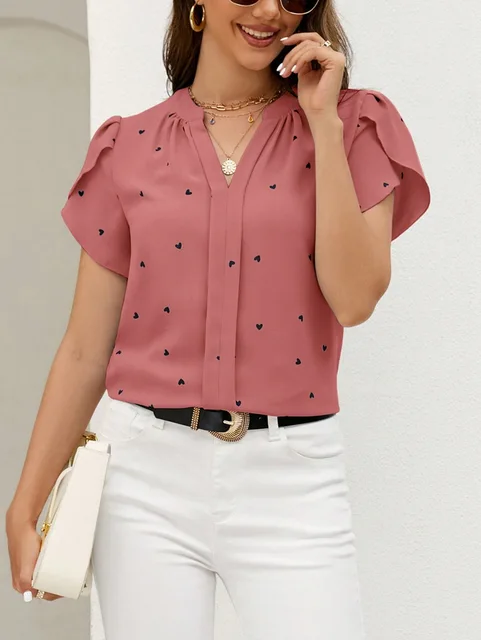 Shirts with Petal Sleeves Pastoral V-neck Love Print Short Sleeve High Quality Tops for Women