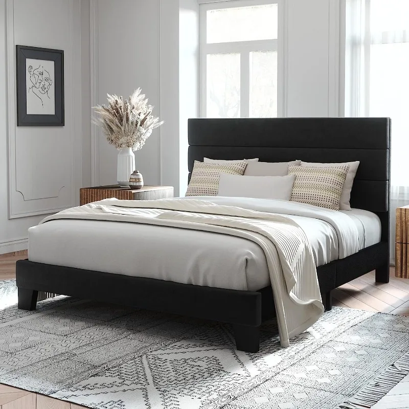 

Queen Size Platform Bed Frame with Velvet Upholstered Headboard and Wooden Slats Support, Fully Upholstered Mattress Foundation