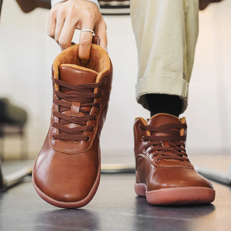 Oiaano Winter Warm Wide Toe Barefoot Men Leathers Boots Unisex Women Shoes Waterproof Breathable Zero Drop Outdoor Work Running