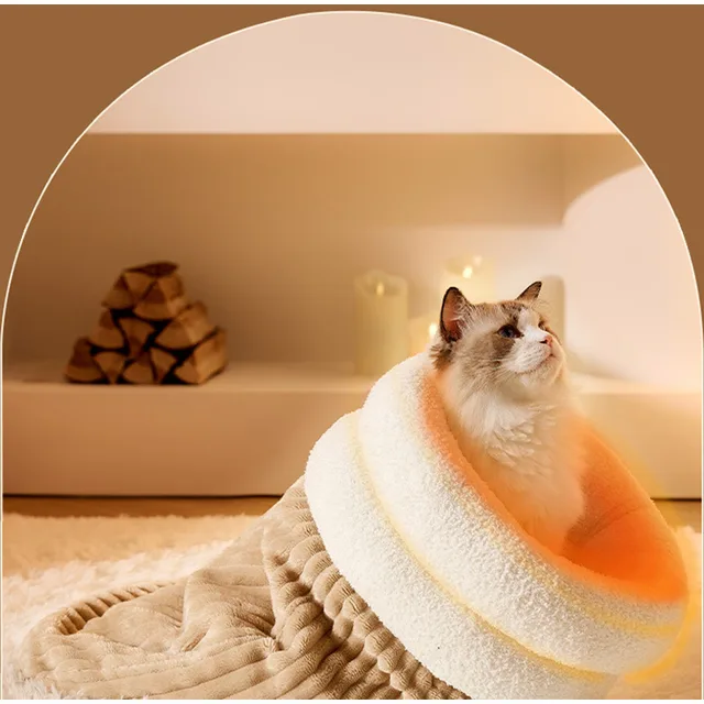 Pet Sleeping Bag Winter Warm Soft Plush Semi Enclosed Cat Nest Sleeping Bag Home Cat and Dog Comfortable Bed Accessories 5