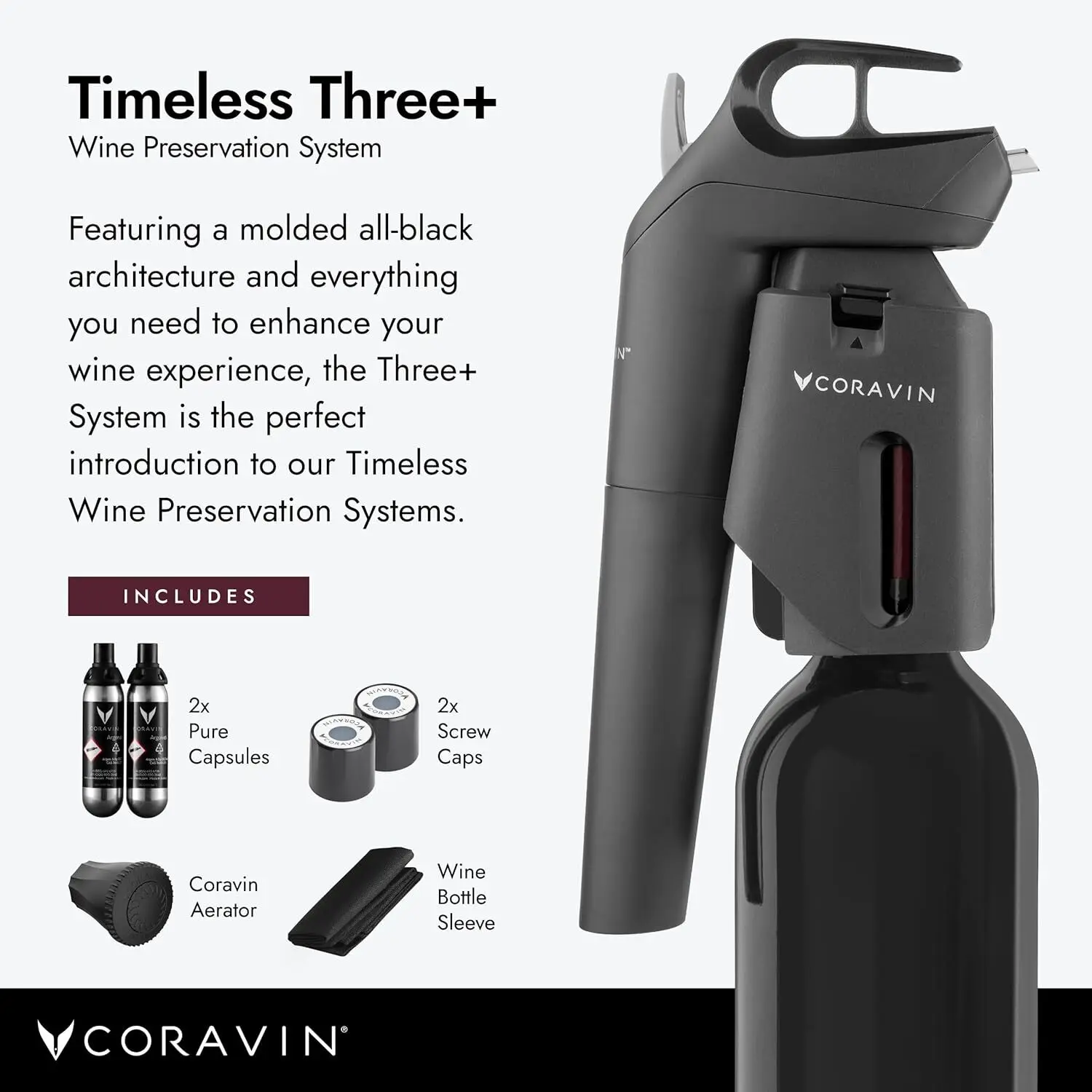 Timeless Three Plus Wine Preservation System-By-the-Glass Wine Saver-With 2 Pure Argon Gas Capsules & Aerator