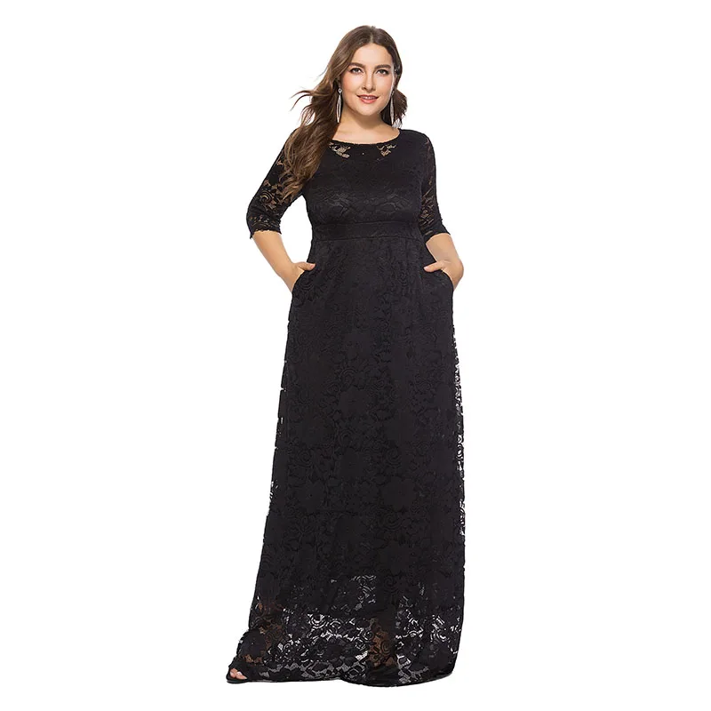 

Women 2023 Fashion 3/4 Sleeve O Neck White Lace Hollow Out Wedding Evening Cocktail Prom Long Maxi dress with pocket XL-6XL