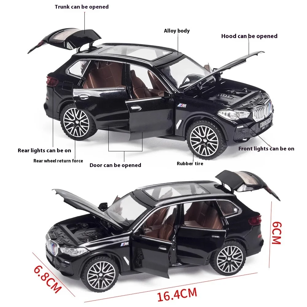 1:32 BMW X5 SUV 합금 오프로드 디캐스트 모델 시뮬레이션 사운드 라이트 장난감 세련된 장식 장식 생일 선물 친구