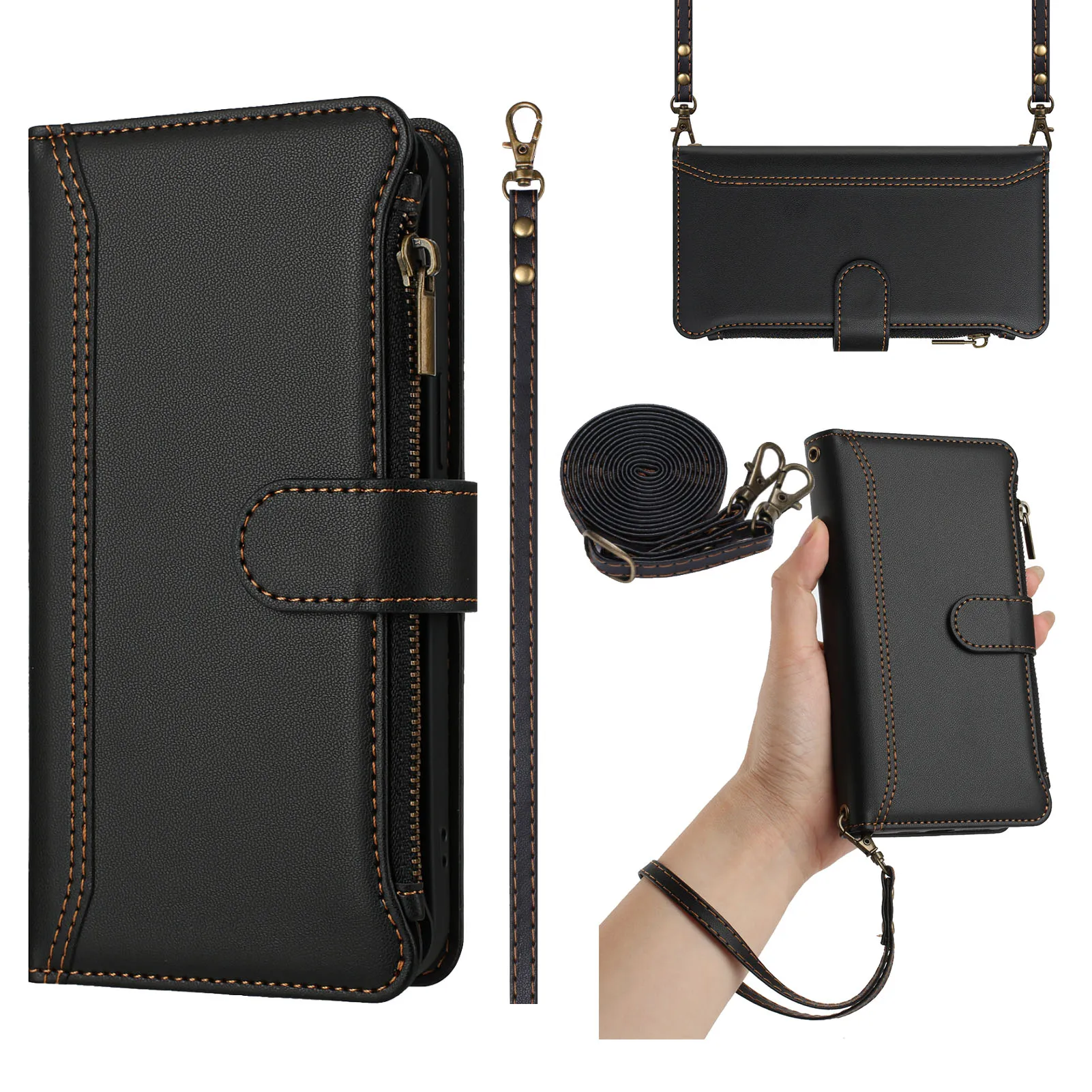 Multi-Card Leather Shoulder Wallet Case with Wireless Charging and Lanyard Flip Cover
