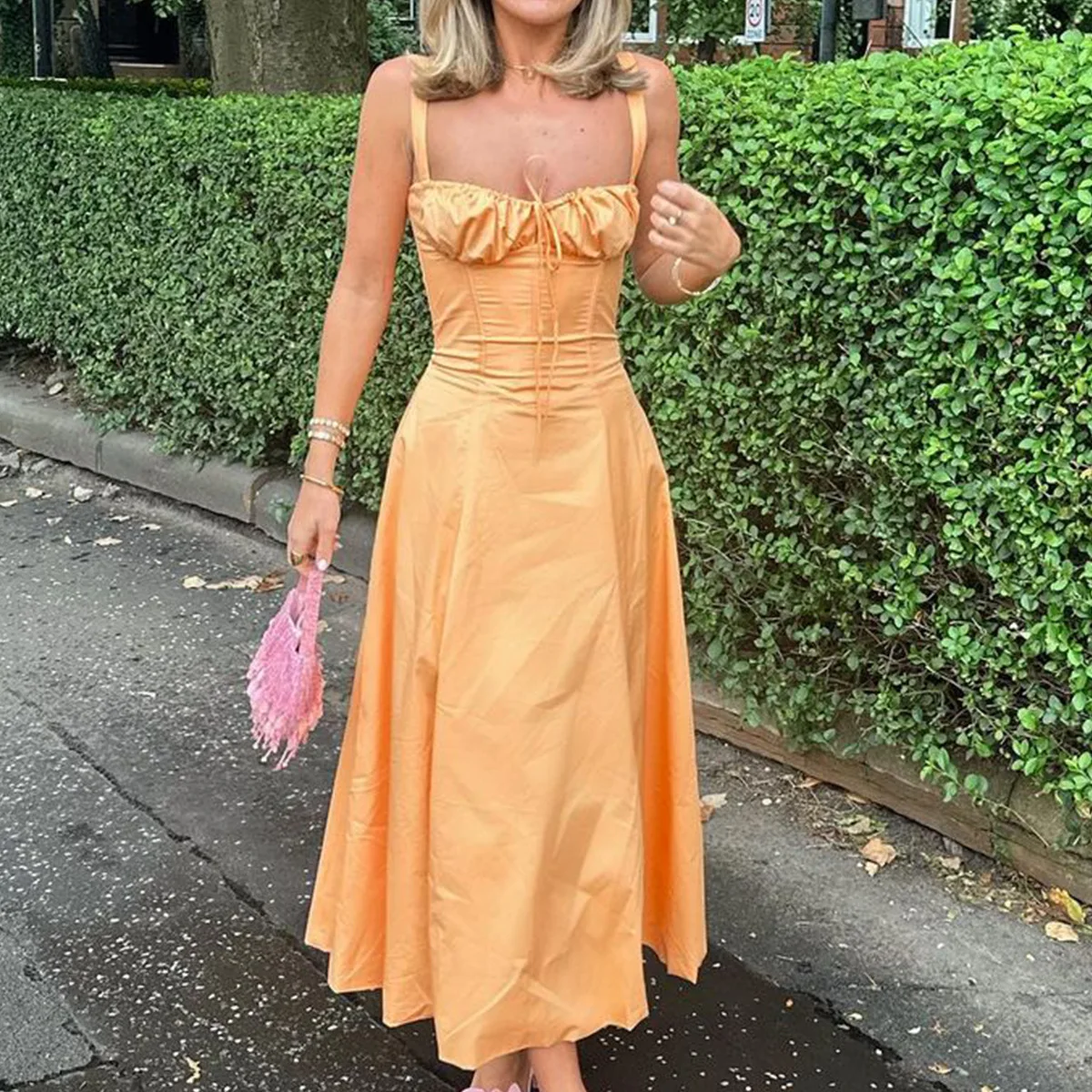 Women's Summer Floral Midi Dress with Slit and Lace Up Detail