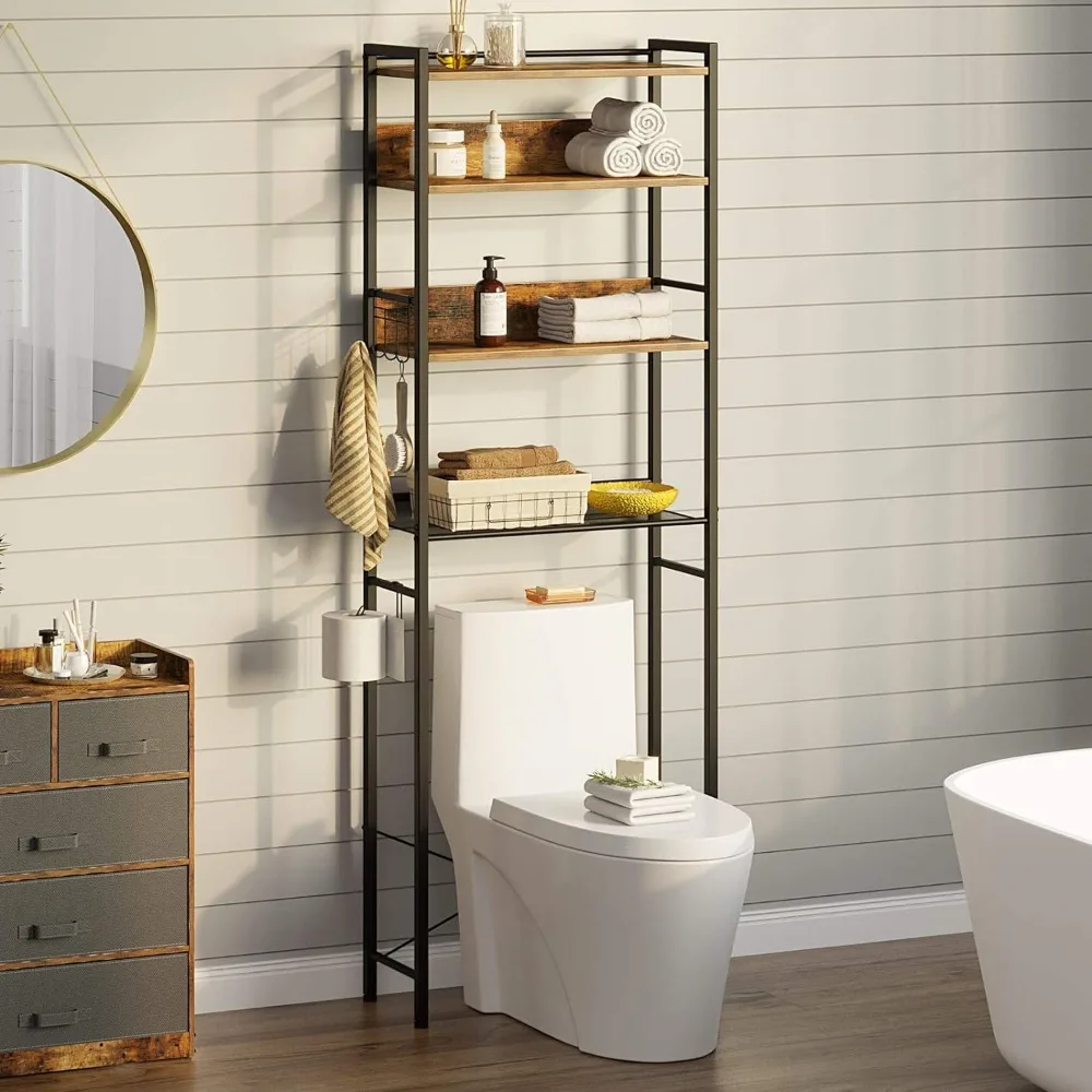 Rolanstar Over The Toilet Storage 4-Tier Wooden Bathroom Space Saver with Hooks Freestanding Bathroom Organizer bathroom furniture