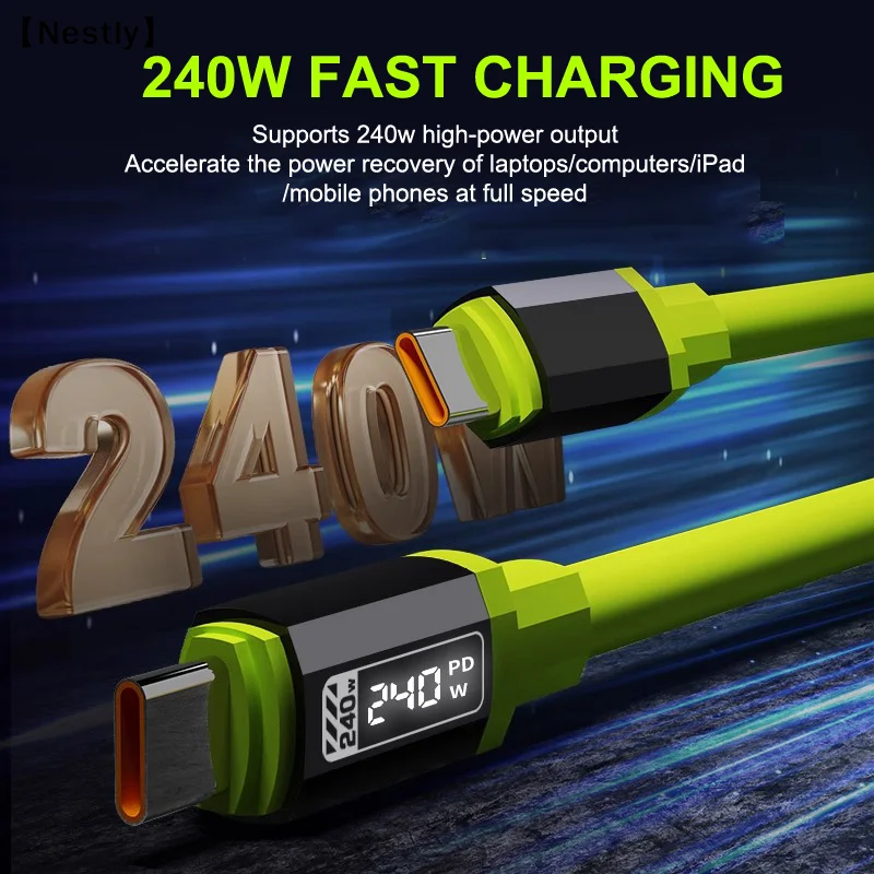 전원 표시 기능이 있는 240W USB C 케이블 고속 충전 충전기 타입 C 코드 1-2m〔Nest〕