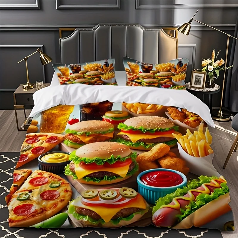 3pcs Bedding Set with Hamburger And Fried Chicken Fast Food Pattern Print, Including a Quilt Cover And Two Pillowcases