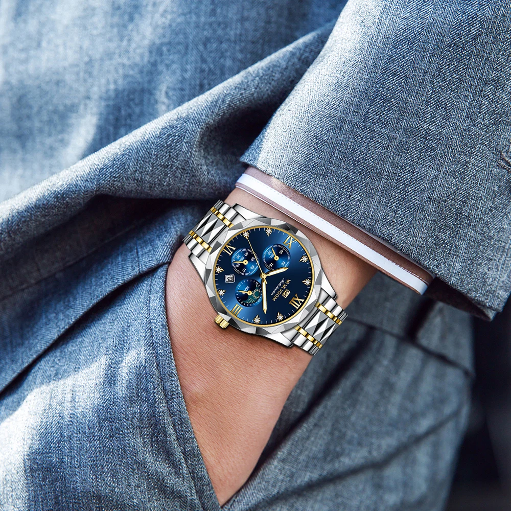 Sports Men's Watch VA VA VOOM Stainless Steel Multifunctional Clock Blue  Gradual Gold Luxury Rhinestone Business Quartz Watches