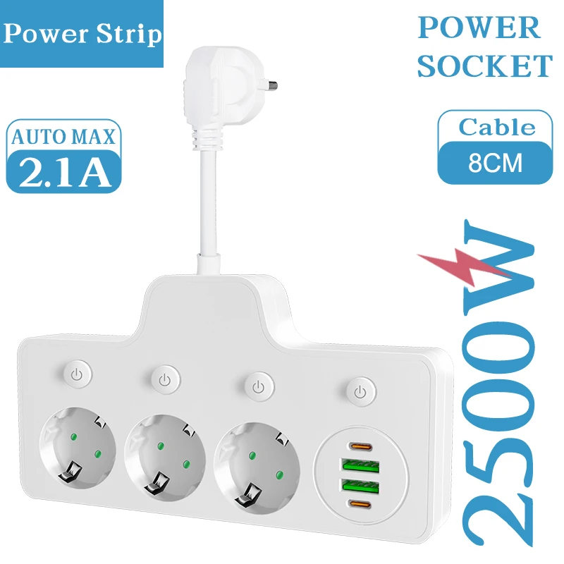 EU Plug Power Strip With 3 AC Outlets+ USB Port+ Type C Socket Adapter Wall Charger for Home Office Network Filter Fast Charging