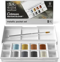 Winsor & Newton Cotman Watercolor Paint Set - 10/20 Colors, High Transparency & Outstanding Lightfastness (9PC Metallic Set)