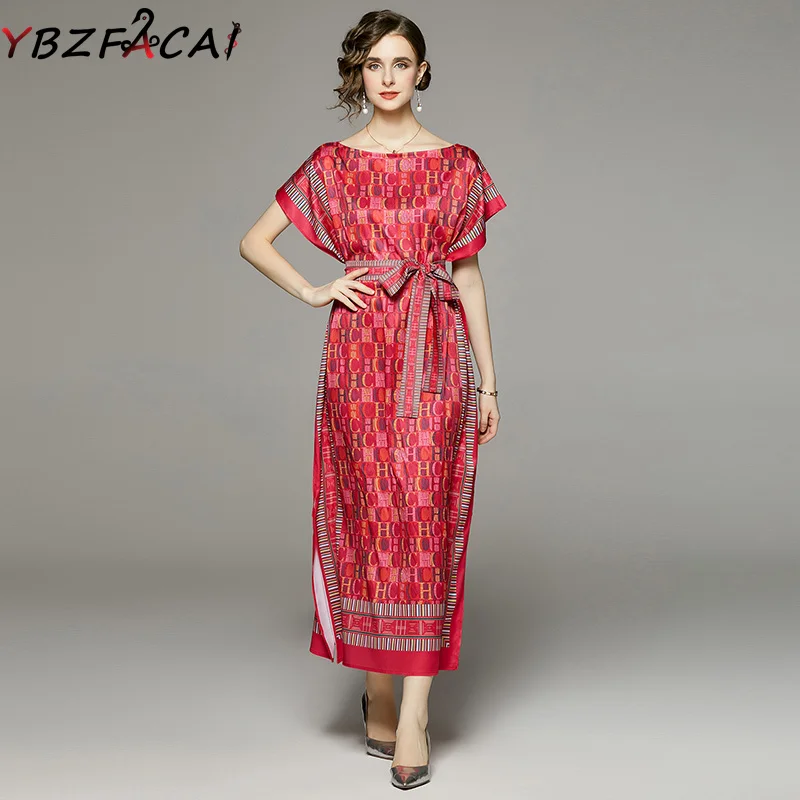 

Fashion Runway Alphabet Print Slit Stunning Dress Summer Women 2022 Elegant Red Dress Loose Casual Vacation Long Dress With Belt