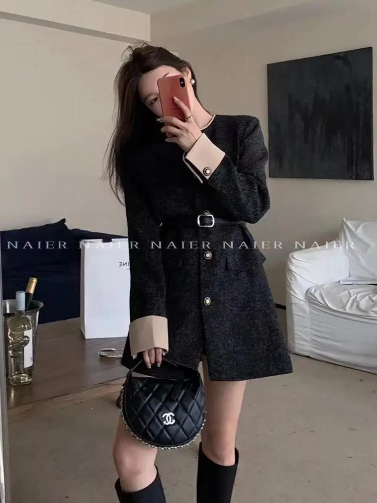 Minivestidos de otoño e invierno para mujer con cinturón, cuello vuelto, patchwork, cuello redondo, estilo blazer coreano, vestidos casuales