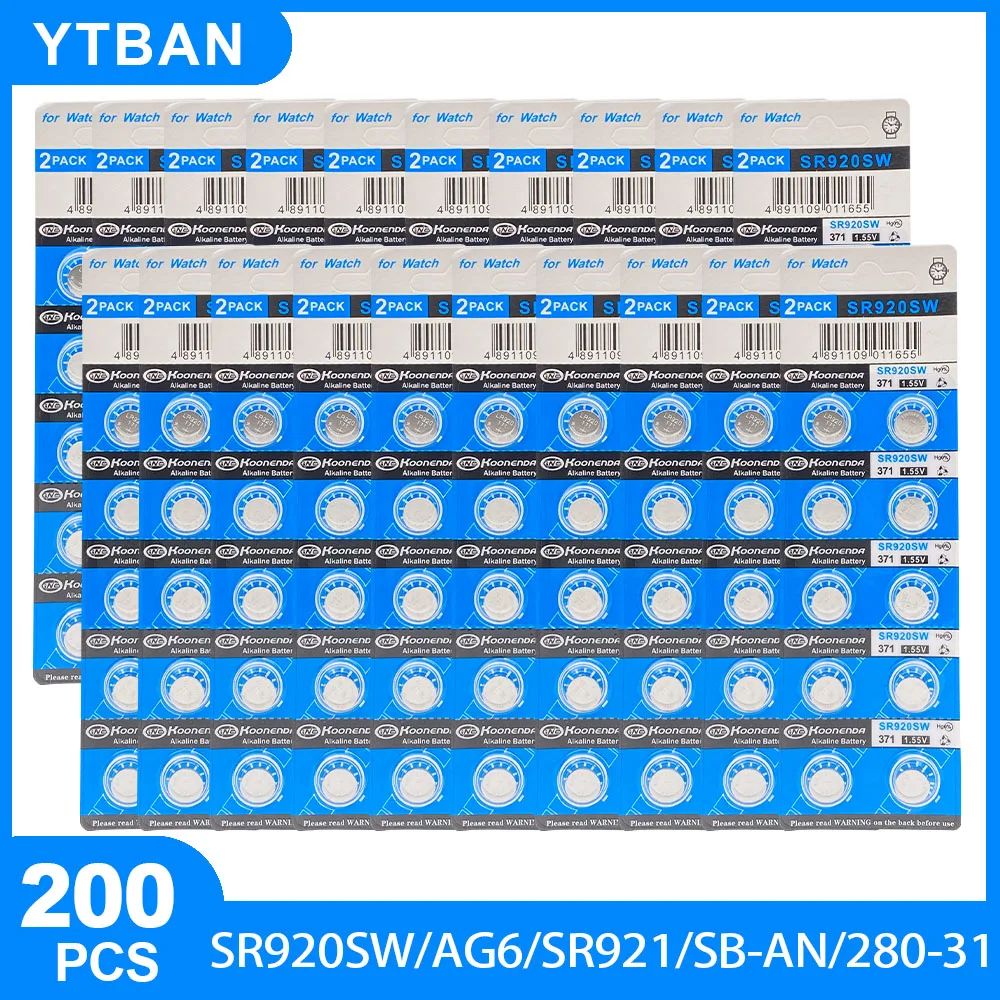 200 Pz Sr920Sw 370 371 L920 Lr69 G6A 371A Lr920 Ag6 1.55V Batteria Alcalina A Bottone Per Orologio A Bottone; 100% Sicuro Senza Mercurio