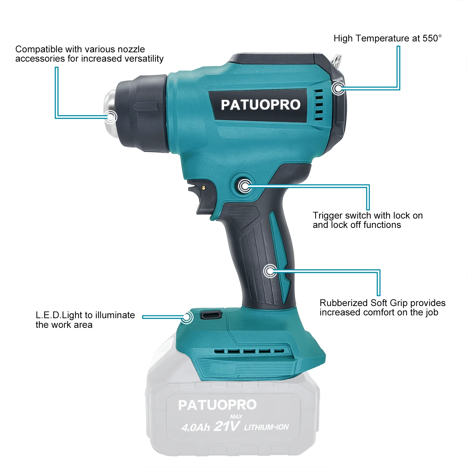 50℃ - 550℃ Portable Cordless Heat Gun Rechargeable Handheld Hot Air Gun Digital Temperature adjustable For Makita 18v Battery 2