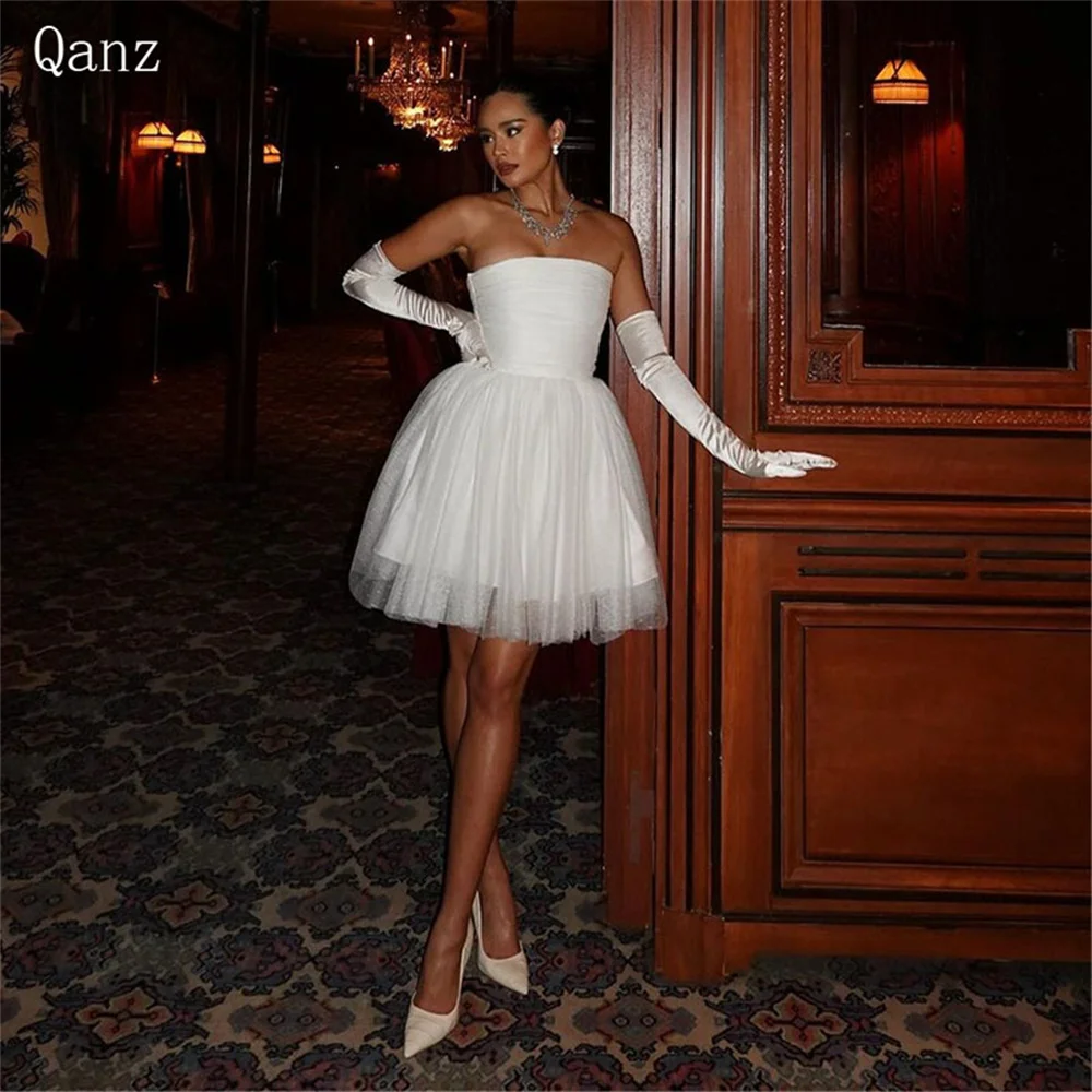 

Qanz White Modern Wedding Dress Tulle Strapless Lace Up Back Short Party Gown Vestidos De Novia Vestidos Para Eventos Especiales