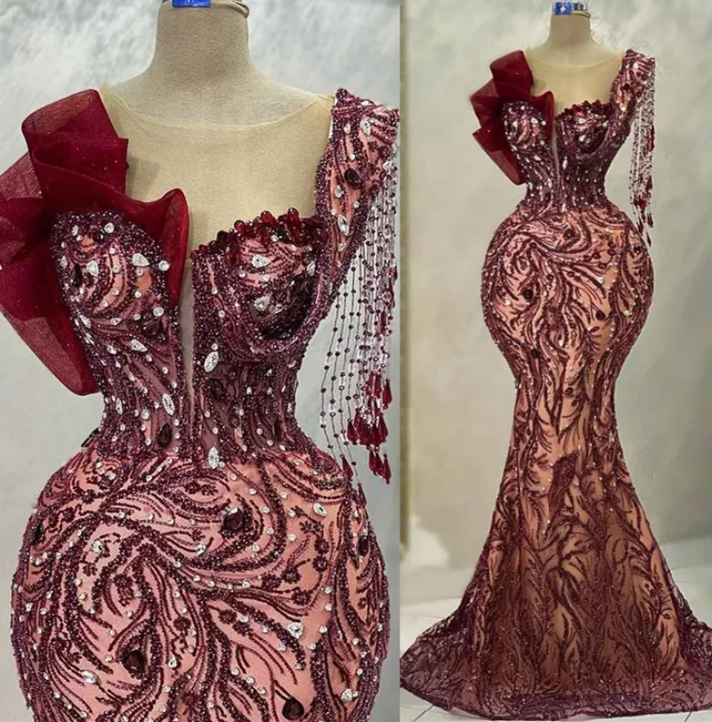 

2024 Aso Ebi Burgundy Mermaid Prom Dress Beaded Crystals Sexy Evening Formal Party Second Reception Birthday Engagement Gowns