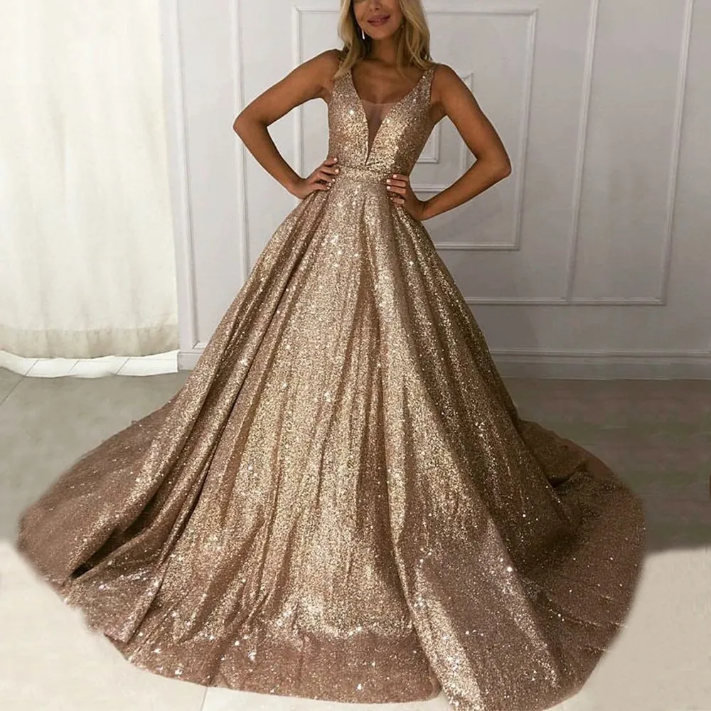 

Champagne A Line Prom Dresses V Neck 2023 New Wine Red Shiny Sequined Robe De Soiree Formal Party Evening Gowns Vestido De Gala