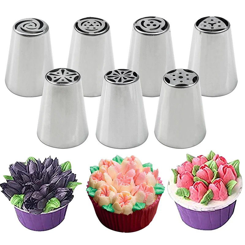 7pcs Russian Tulip Icing Piping Nozzles Stainless Steel Flower Cream Pastry Tips Nozzles Bag Cupcake Cake Decorating Tools