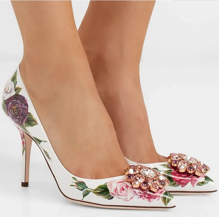 

Early Spring New Rose Print High Heels Rhinestone Flowers Pointed Toe Stiletto Leather Women's Shoes Wedding Shoes