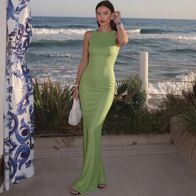 New Solid Color Women's Round Neck Sleeveless Sexy Backless Dress Fashionable Slim Fit Long Split Hip Green Dress Evening Dress
