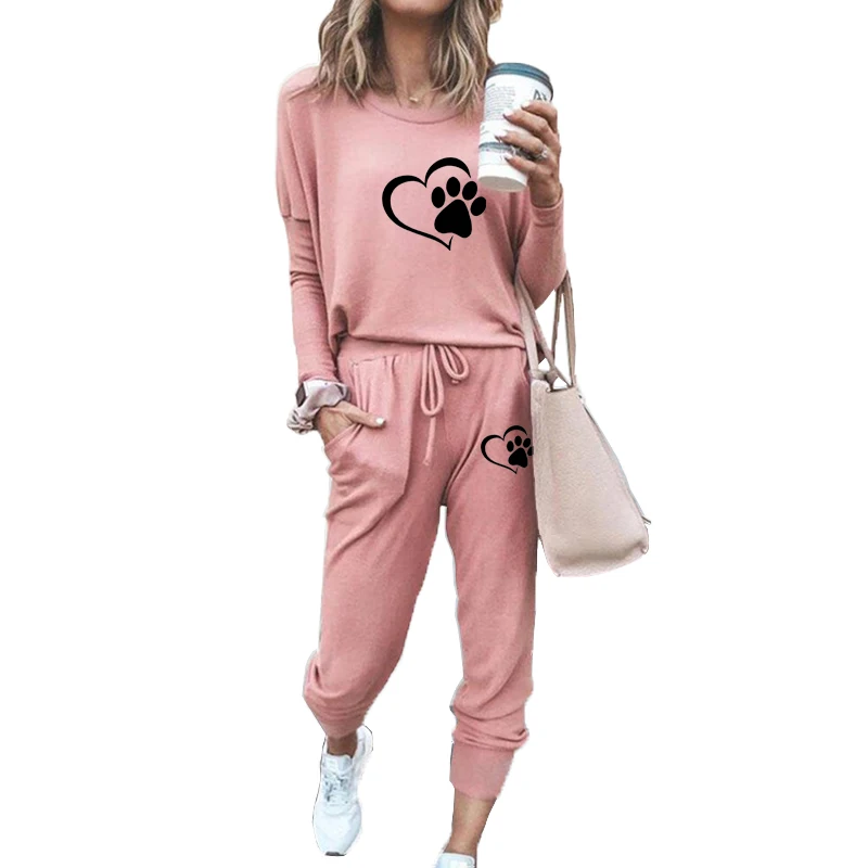 hoodies for women Cat Paw Women Sweatshirt Hoody Set 2022 New Ladies Hooded Heartbeat Printed Casual Pullovers + Sweatpants Yoga Long Sleeve Suits cute sweatshirts for girls