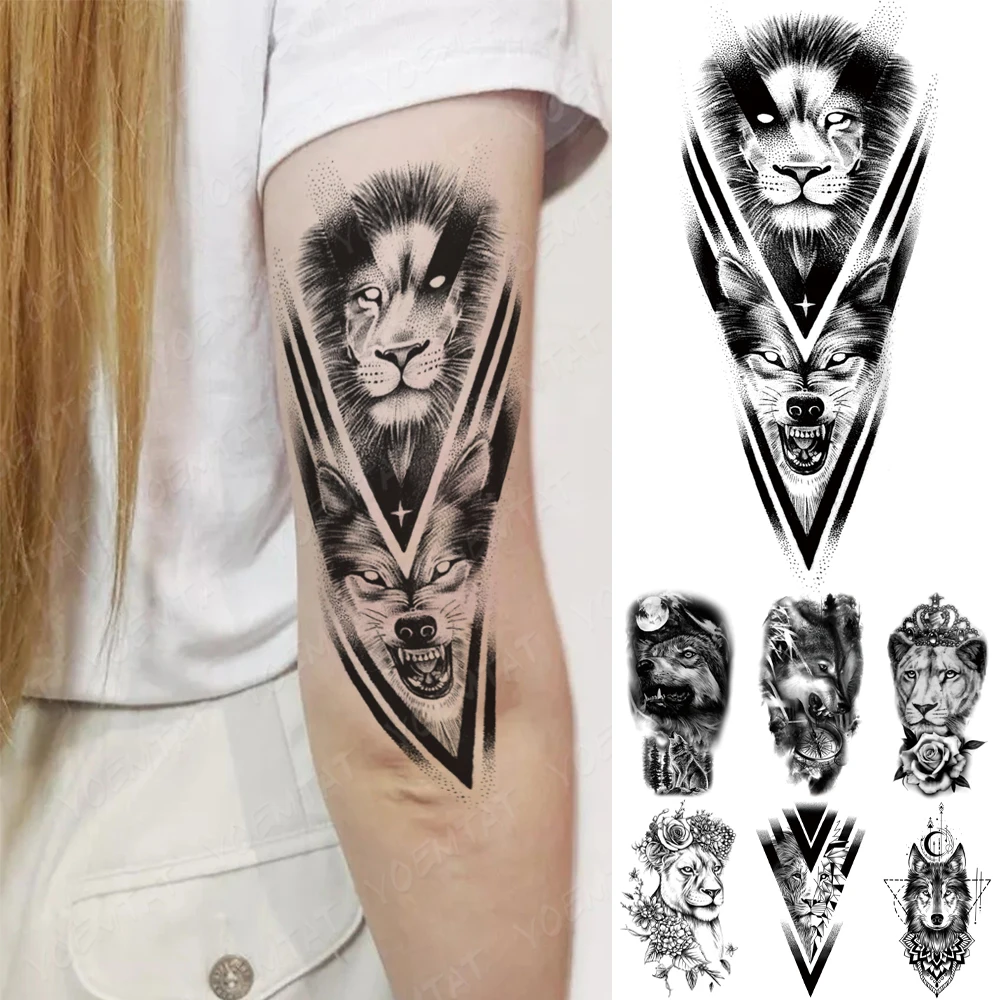 

Waterproof Temporary Tattoo Sticker Geometric Lion Wolf Animal Tiger Owl Flash Tatto Women Men Arm Body Art Fake Sleeve Tattoos