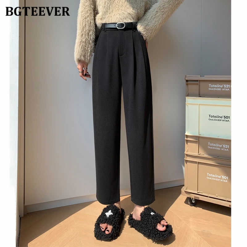 

BGTEEVER Casual High Waist Ladies Straight Woolen Pants Autumn Winter Thicken Warm Loose Pockets Female Belted Harem Trousers