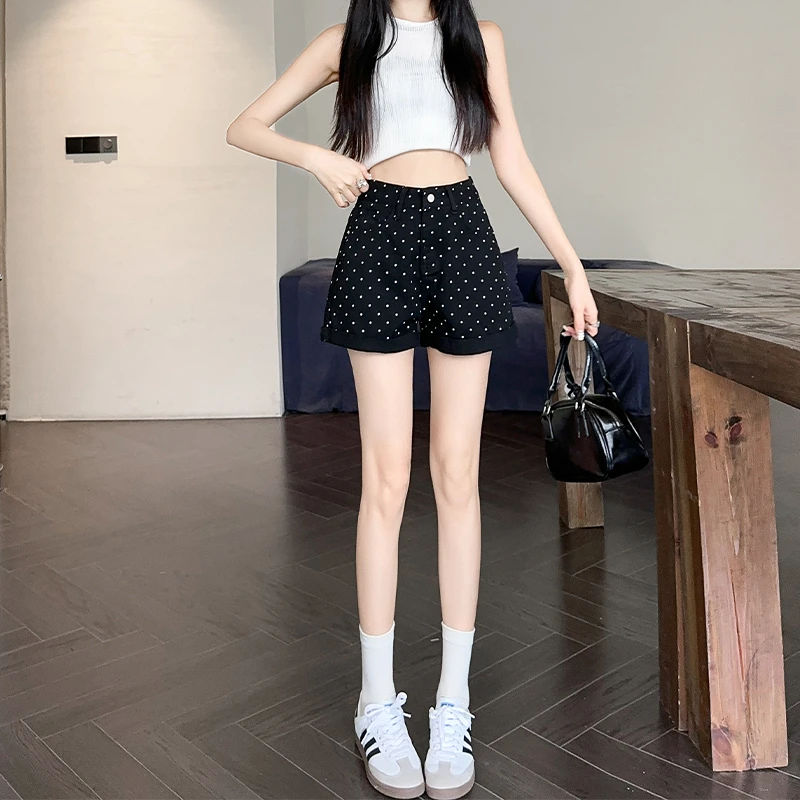웨이브 도트 프린트 데님 반바지, 하이웨이스트 와이드 레그 데님 팬츠, 여성 패션, 블랙, 화이트, 핑크, 여름, 2024 신상