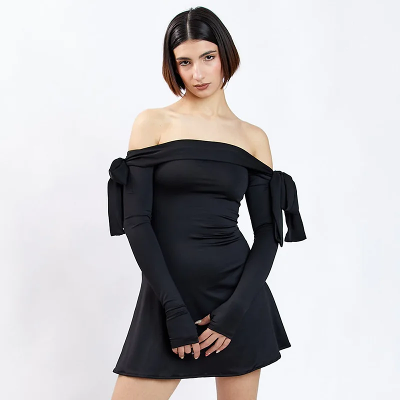 JULISSA MO 2025 Autumn Fashion Strapless Long Sleeve Bow Mini Dress For Women Sexy Slim A-line Outfits Solid Patchowrk Dress New