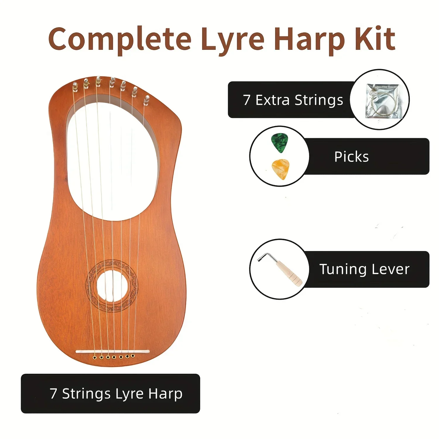 Mahogany 7-String Lyre Harp, Light Beige Varnished Finish with Phosphor Bronze Strings,Portable Small Harp Instrument with Metal