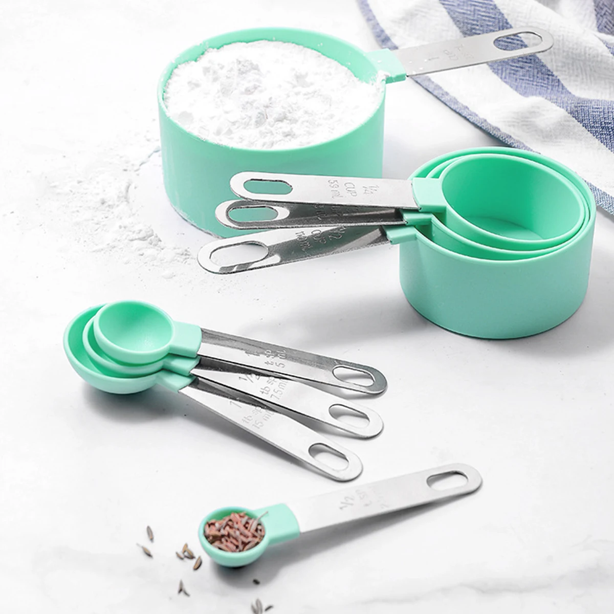Measuring Spoon Set 8PCS Stainless steel handle with Scale Plastic Measuring Spoon and Cup
