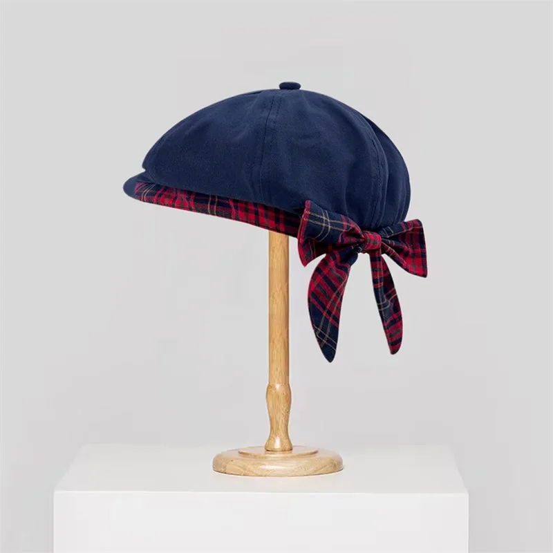 Elegant Plaid Beret Hat with Bow Detail and Short Brim Vintage Style Painter s Cap for Women