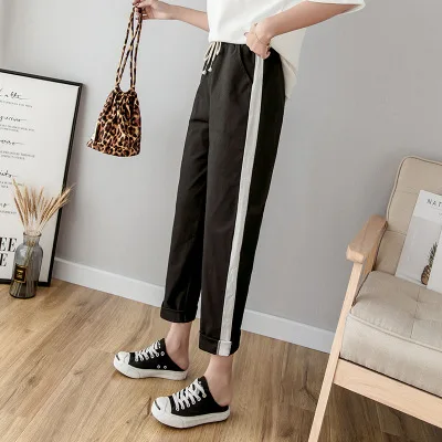 Women Casual Harajuku Long Ankle Length Trousers 2022 Summer Autumn Large Solid Elastic Waist Cotton Linen Pants Black Pants LS-01Black
