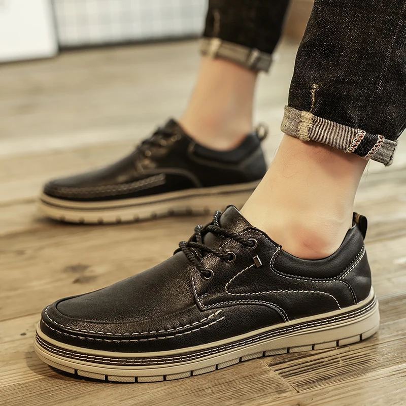 Men's Casual Leather Shoes Flat Lace Up Sneakes Business
