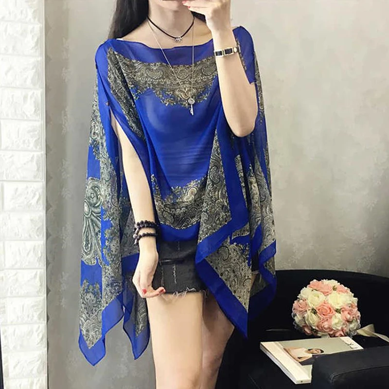 Women Summer Sunscreen Chiffon Shawl Scarf Fashion Luxury Floral Printed Bikini Cover Up Outdoor Beach UV Protection Tops