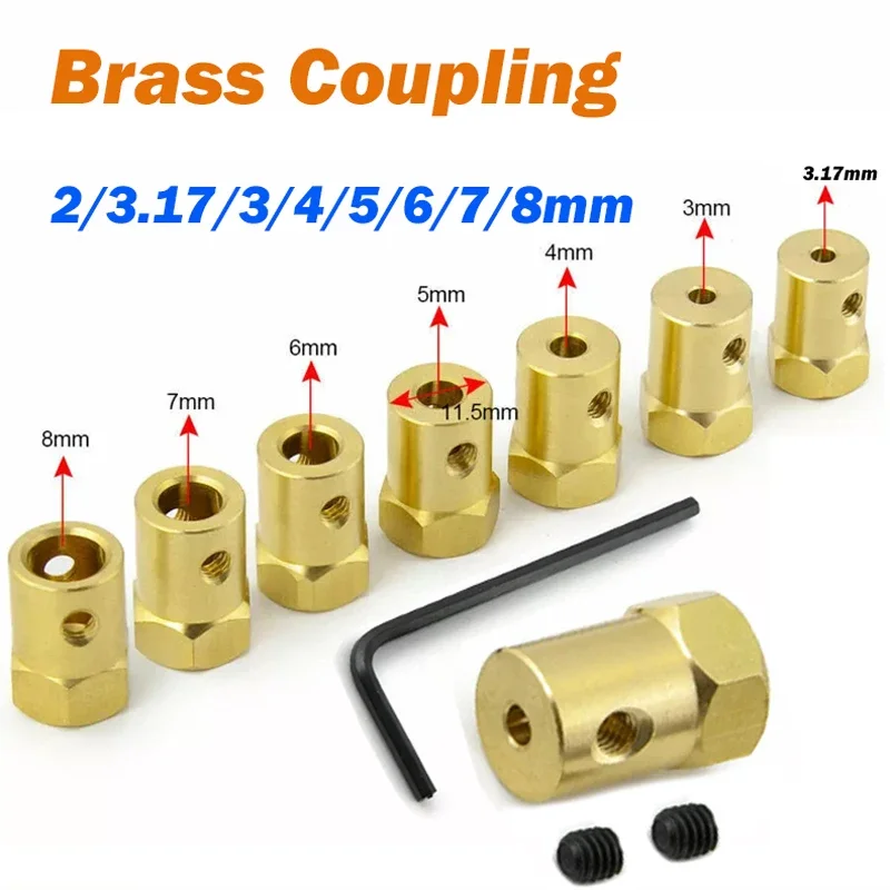 1Pcs Coupling 2mm 3.17mm 3mm 4mm 5mm 6mm 7mm 8mmBrass Hexagonal Motor Shaft Coupling Joint Coupler Spanner for RC Car Wheel Boat