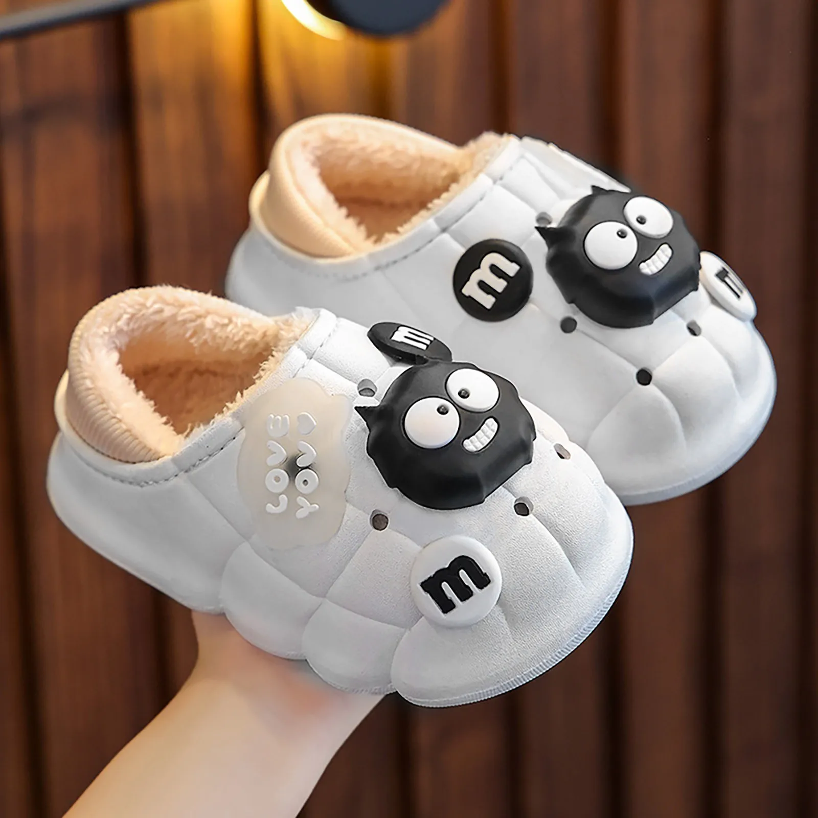 

Winter Cotton Shoes Funny Face Coalball Children Slippers Girls Boys Indoor Cute Warm Cover Heel Non Slip Plush Kids Slippers