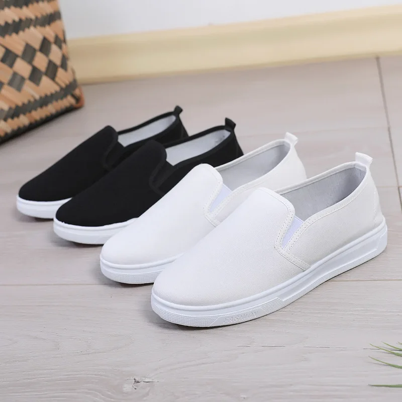 

2023 Women Vulcanized Shoes High Quality Woman Canvas Casual Shoe Slip on Flats Shoes Women Loafers Walking Platform White Shoe