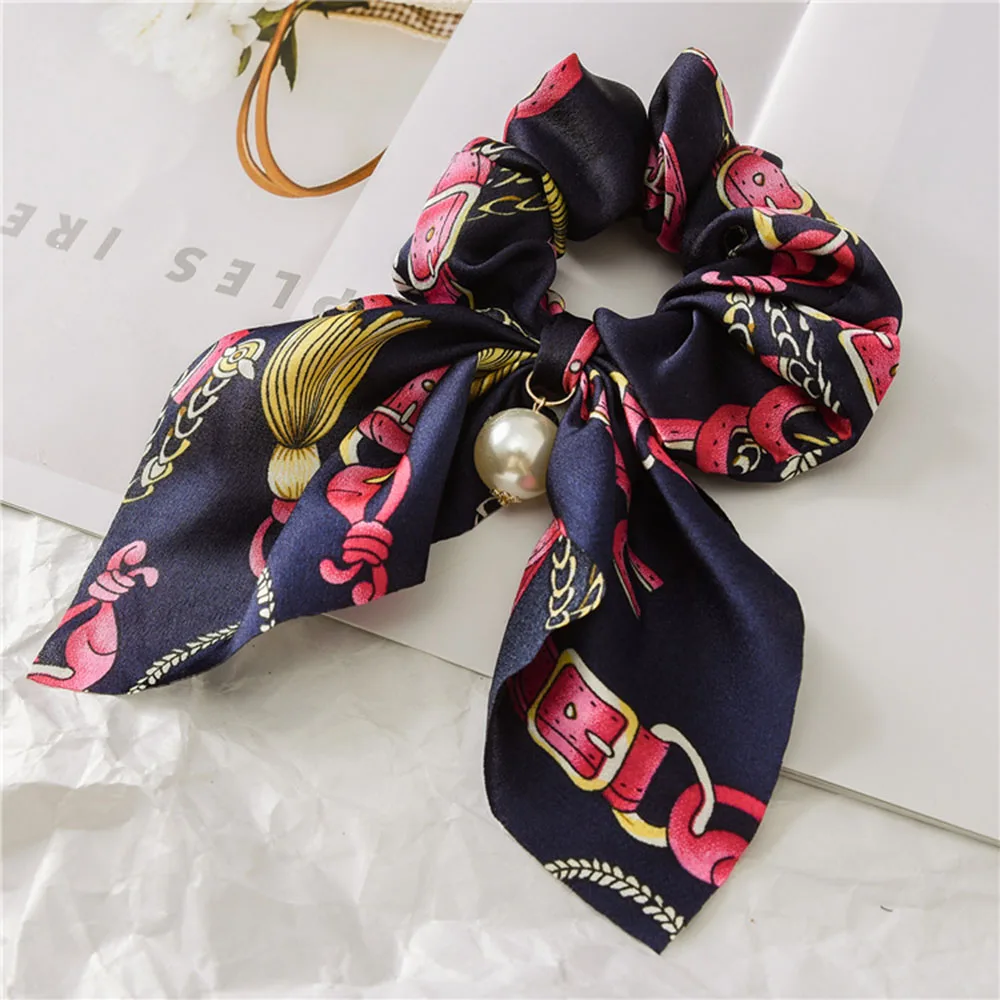 2021 New Chiffon Bowknot Silk Hair Scrunchies Women Pearl Ponytail Holder Hair Tie Hair Rope Rubber Bands Hair Accessories elastic headbands for women Hair Accessories